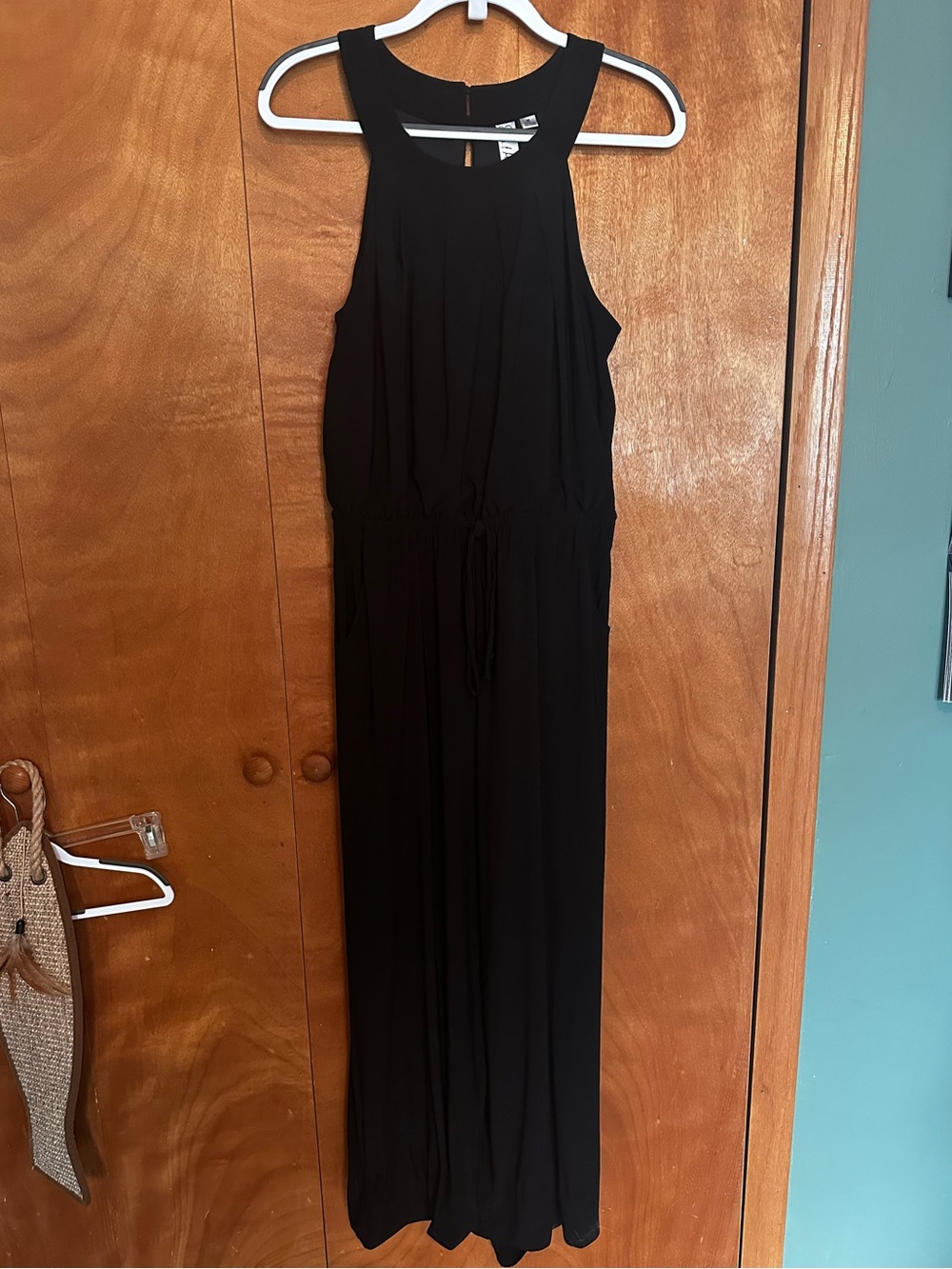 Black Sleeveless Halter Jumpsuit with Drawstring Waist and Pockets